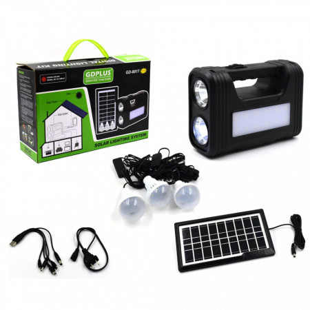 Kit panou solar portabil camping Gdlite GD-8017 Plus, USB, 3 becuri, lanterna LED