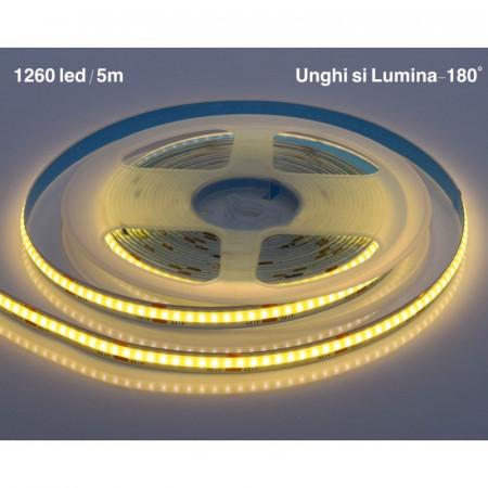 Banda Led COB alb-cald - Exterior/Interior IP65, Flexibil, adeziva, - 252led/m - 12W/ml - Rola 5m pornita cu detalii