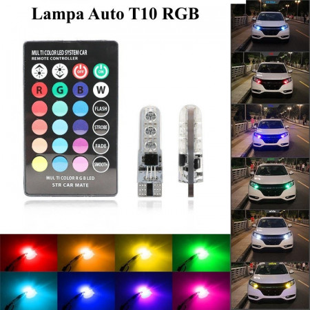 Set LED auto pentru farurile T10 RGB 5050, 12V-W5W, cu telecomandă. Iluminare colorată și personalizată pentru mașina ta.