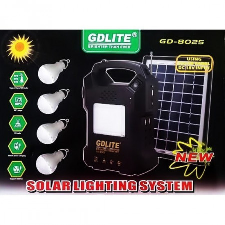 Sistem Solar pentru Camping cu 3 Becuri, Panou Solar Inclus, Port USB, Radio FM, MP3 Player, Lanterna cu Led-uri, Tensiune 110 - 240 V, 5060 Hz, Design Modern, GD-8025, Negru
