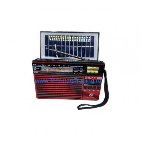 Radio solar cu panou solar și lanterna, bluetooth, acumulator 3.7v 18650, USB, TF, AM, FM, SW, lampa led, KTF-1440 - imagine cu radio roșu.