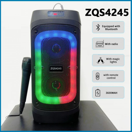 Boxa portabila cu microfon, bluetooth, mp3, radio FM, Card TF, AUX, Afisaj LED, microfon, telecomanda, LED RGB - ZQS-4245