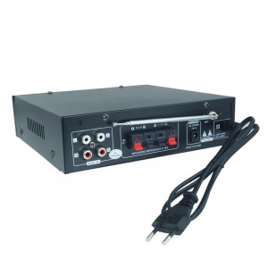 Amplificator audio tip statie cu Bluetooth BT-158, 2x50W, USB, AUX, telecomanda, 2 intrari microfon, 12v, 220v, Functie Karaoke, antena, Bass, Radio FM, Negru