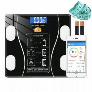 Cantar corporal intelligent, Bluetooth, 13 functii de masurare, nivelul grasimilor cu banda de masurat 150cm, 180kg, LCD