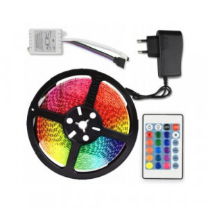 Kit banda led RGB, multicolor, Telecomanda, Transformator 2A, taste cu IR, Lungime 5m, 300 LED-uri