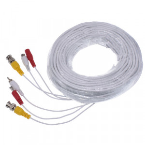 Cablu mufat si sertizat pentru camere supraveghere BNC+DC - 30 metri, alimentare 12v, alb