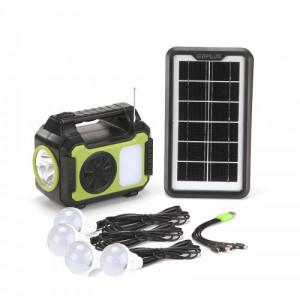Kit solar GD-8072 echipat cu dispozitive USB , 4 becuri LED si radio pescuit , camping , drumetii