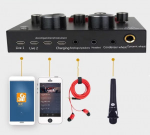 Mini mixer audio, multifunctional, bluetooth, V8 pentru live, podcast si muzica, cu 18 efecte, negru