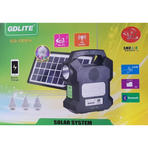 Kit solar portabil Gdlite GD-1000A, USB, bluetooth, incarcare telefoane, radio FM, MP3, 4 becuri incluse, Negru