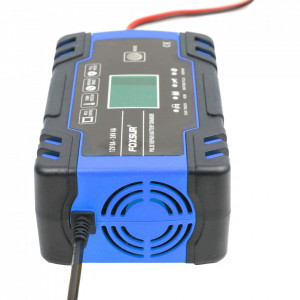 Redresor baterie auto, afisaj LCD, auto, moto, camion, Foxsur, 12V8A, 24V4A, 6Ah-150Ah, functie incarcare si reparare acumulator prin impulsuri, albastru