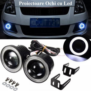 Set de 2 Proiectoare ceata universale Auto Lupa LED Angel Eyes 76mm