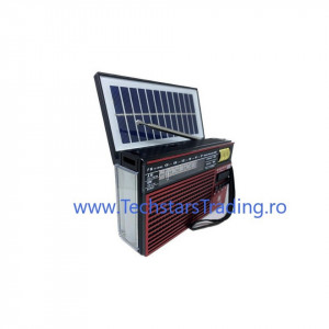 Radio solar cu lanterna, bluetooth, acumulator 3.7v 18650, USB, TF, AM, FM, SW, lampa led, KTF-1440 - imagine cu radio roșu și panou solar.