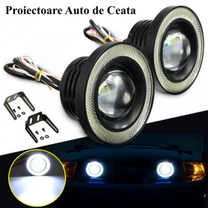 Set 2 Proiectoare ceata universale Lupa LED Angel Eyes 89mm