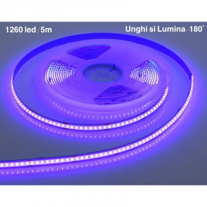 Banda Led COB mov - Exterior/Interior IP65, Flexibil, adeziva, - 252led/m - 12W/ml - Rola 5m