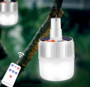 Lampa portabila tip bec cu incarcare la retea si solara, 5 moduri de iluminare, indicator lumina baterie, alb rece
