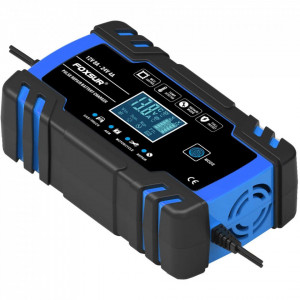 Redresor baterie auto, afisaj LCD, auto, moto, camion, Foxsur, 12V8A, 24V4A, 6Ah-150Ah, functie incarcare si reparare acumulator prin impulsuri, albastru