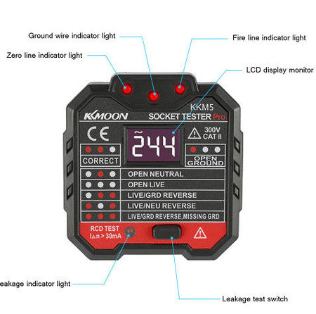 Tester priza profesional, cu afisaj si indicator LED, tester siguranta diferentiala 30mA