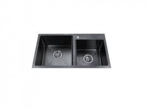 Chiuveta Fabiano, inox de 1,3mm, 760x430mm, Black Nano, sifon diametru mare inclus, 2 cuve 200mm, cuva mare pe stanga, Lucios