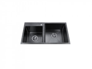 Chiuveta Fabiano, inox de 1,3mm, 760x430mm, Black Nano, sifon diametru mare inclus, 2 cuve 200mm, cuva mare pe dreapta, Lucios