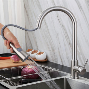 Baterie bucatarie Fabiano cu dus flexibil monocomanda cartus ceramic 35mm inox 304 argintiu satinat, Fabiano