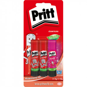 Set 3 batoane lipici hartie, 90% compusi naturali, 2 x 11g transparent, 1 x 10g roz sclipici, Pritt