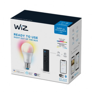 Set bec LED inteligent + telecomanda WiZ RGB, multicolor Wi-Fi, A60, E27, 8W (60W), 806 lm, temperatura lumina alba calda, compatibil Google Assistant/Alexa/Siri