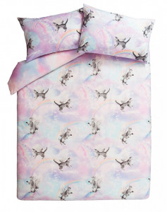 Lenjerie de pat ,1 plic pilota, 2 fete perna, 2 persoane, 260 x 220cm, 48 x 74cm, super king, pisica unicorn, George Home