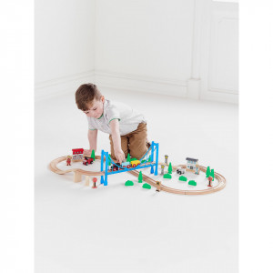 Set sine tren lemn 57 piese, vagoane, personaje, pod, decor vegetatie, George Home