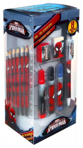 Set 25 piese desenat, carnetel, carioci, creioane, penar, ascutitoare, radiera, postere, penar metal, Spiderman, Marvel