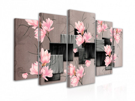 Tablou modular, Flori și cuburi de magnolie roz pe un fundal abstract