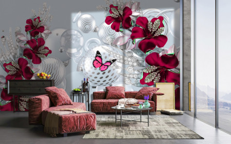 Fototapet, Flori roșii cu un fluture și sfere gri