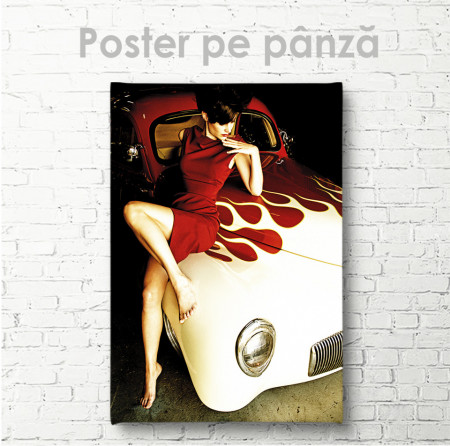 Poster, Lady în rochie roșie pe mașină vintage