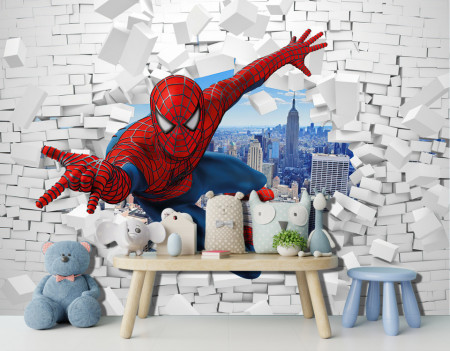 Tapet foto pentru copii, Omul Păianjen pe un perete 3D din cărămidă