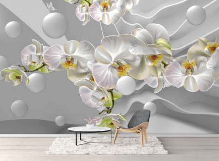 Fototapet, Orhidee albă pe un fond tridimensional