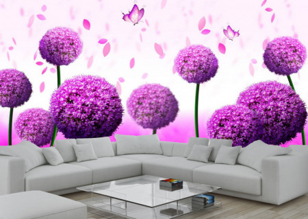 Fototapete 3D, Flori violete și fluturi pe fundalul unei câmpii cu flori