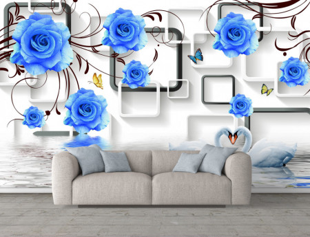 Fototapet 3D, Flori albastre pe un fundal 3D alb