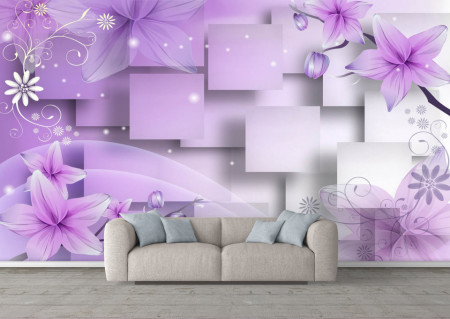 Fototapet 3D, Flori violet pe fundal 3D