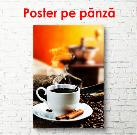 Poster, Paharul alb cu cafea fierbinte pe un fundal portocaliu
