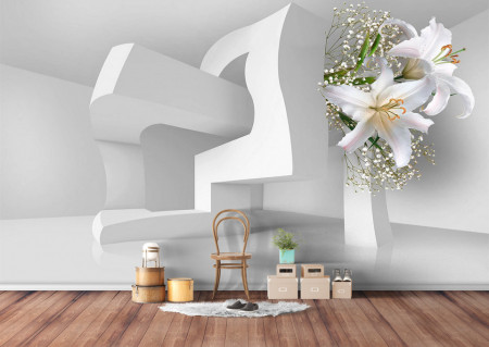 Fototapet 3D, Crini albi pe fundalul unei construcții abstracte