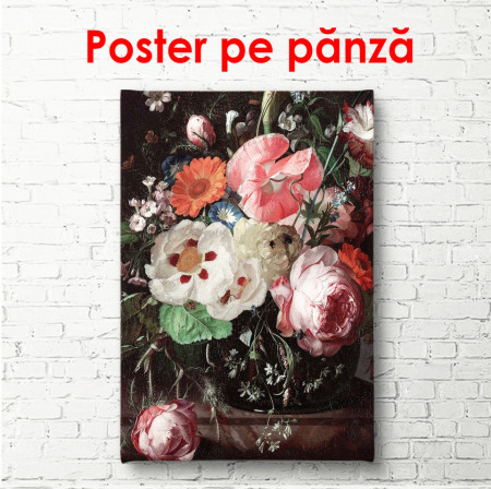 Poster, Buchet de flori roz pe fundal negru