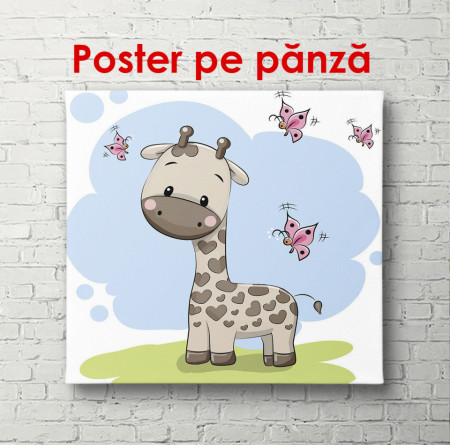 Poster, Girafa cu fluturi pe un fundal de primăvară
