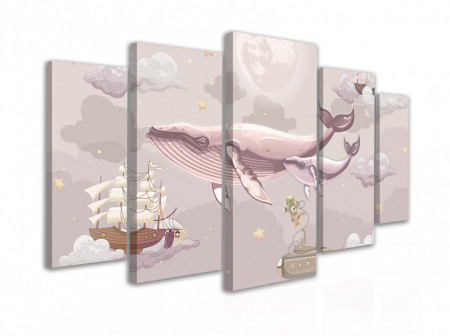 Tablou modular, Balenele de mare și corabiile în culori roz