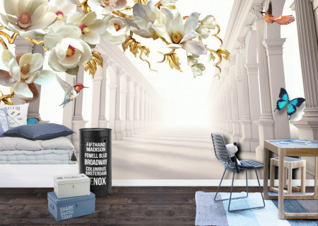 Fototapet 3D, Fantezie cu flori albe și coloane grecești