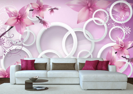 Fototapet 3D, Flori roz și cercuri albe