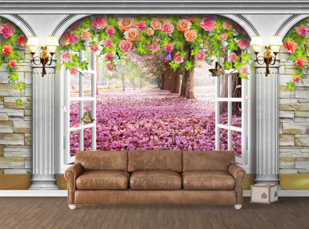Fototapet 3D, Ieșire arcuită spre grădina de flori roz