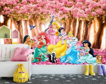 Tapet foto pentru copii, Prințese Disney în parc cu flori roz pe fundalul castelului