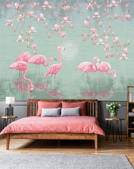 Fototapet, Flamingo roz și flori de magnolie pe un fundal verde pal