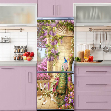 Stickere 3D pentru uși, Păuni și flori violet, 1 foaie de 80 x 200 cm