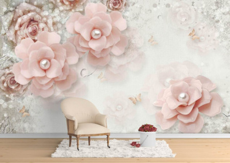 Fototapet, Flori roz și perle pe un fundal alb