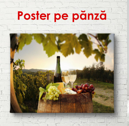 Poster, Sticlă de vin cu brânză pe butoaie
